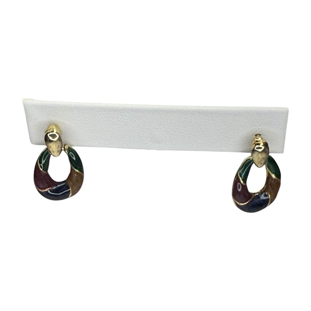 Vintage Gold-Tone Jewel Tone Enamel Dangle Earrings Women's Boho Retro Jewelry - Picture 5 of 6